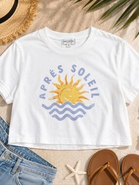 Fun Wildfox Apres Soleil Graphic Crop Tee Sun Wave Beachy Cotton Casual
